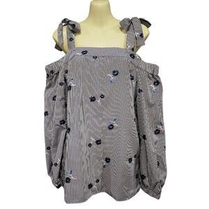 Michael Kors Navy Striped Embroidered Off Shoulder‎ Top - Size S - NWT